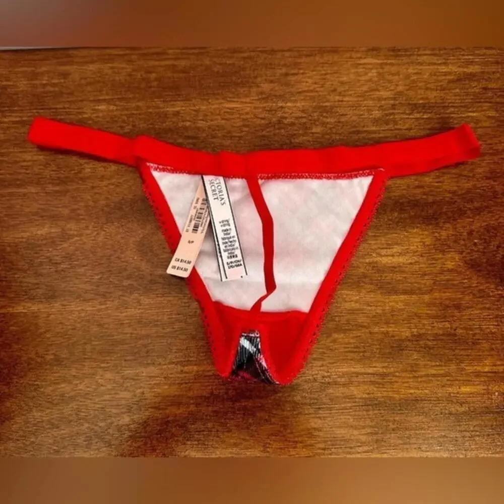 Victoria’s Secret Red Plaid Velvet Feel Stretch Cotton V-String Panty NWT